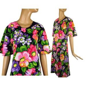 1960s‎ barkcloth neon floral minidress vintage flare sleeve dayglo dress